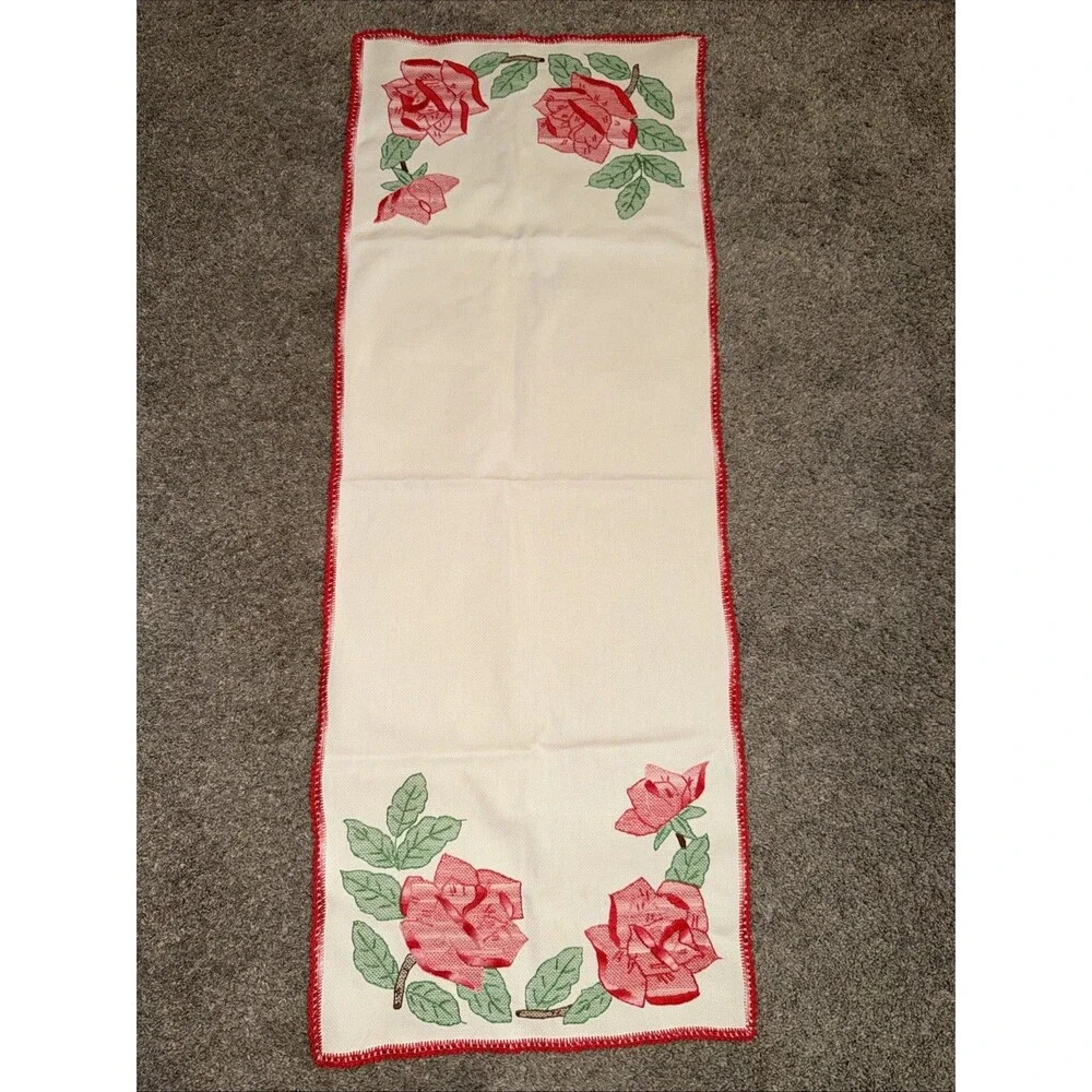 Antique Floral Table Runner Pink Rose Cross Stitch Farmhouse Cottagecore 43x16”